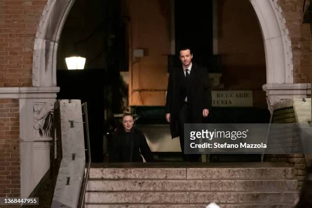 American actress Dakota Fanning and Irish actor Andrew Scott seen during the filming of the TV series "Ripley" at Rialto Market in Venice on February...
