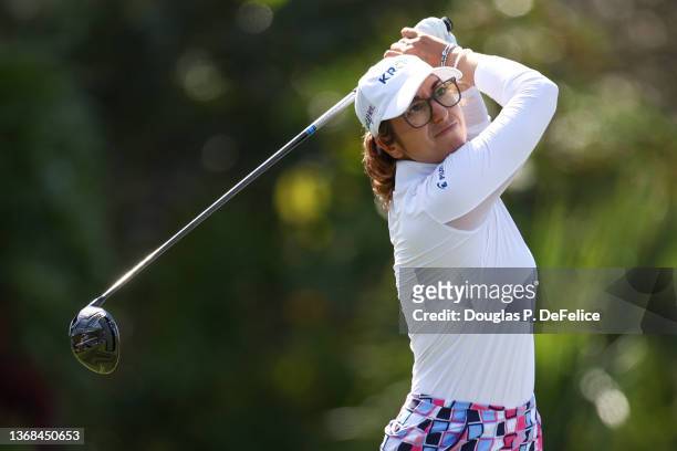 Marina Alex hits from the 18th tee during the first round of the LPGA Drive On Championship at Crown Colony Golf & Country Club on February 03, 2022...