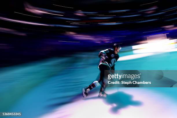 Yanni Gourde of the Seattle Kraken warms up before the game against the Calgary Flames at Climate Pledge Arena on December 30, 2021 in Seattle,...