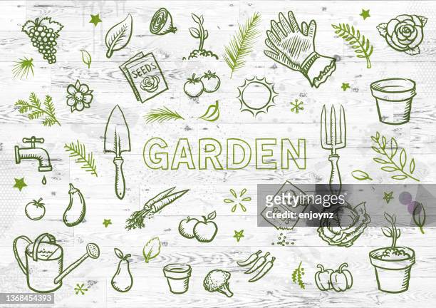 organic gardening icons on wood - garden drawing stock illustrations