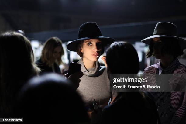 Model poses in the backstage at Rome is my Runway show during Altaroma 2022 at Cinecitta Studios on February 03, 2022 in Rome, Italy.