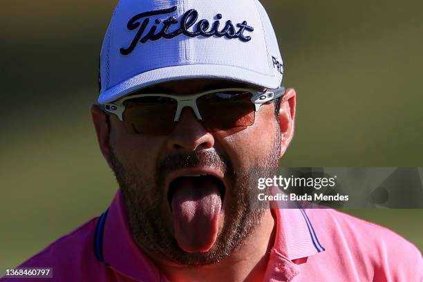 Marcelo Rozo of Colombia reacts on the 5th hole during the first round of The Panama Championship at Panama Golf Club on February 3, 2022 in Panama...