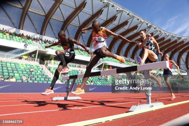 Hillary Bor and Benard Keter compete in the Men's 3000 Meters Steeplechase Final at Hayward Field on June 26, 2021 in Eugene, Oregon.