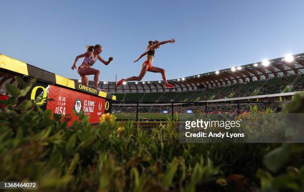 Courtney Frerichs and Emma Coburn in the Women 3,000 meter Steeplechase at Hayward Field on June 26, 2021 in Eugene, Oregon.