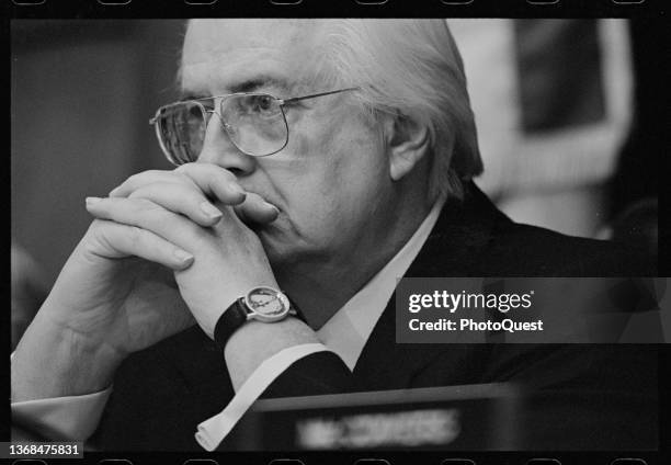 Close-up of US Representative and Chairman of the House Judiciary Committee Henry Hyde as he listens during a hearing , Washington DC, November 1998.