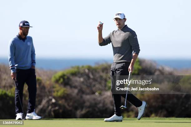 Patrick Cantlay of the United States reacts on the 13th green during the first round of the AT&T Pebble Beach Pro-Am at Monterey Peninsula Country...