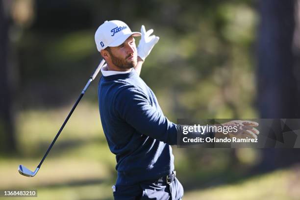 Wyndham Clark of the United States plays his shot from the fourth tee during the first round of the AT&T Pebble Beach Pro-Am at Monterey Peninsula...