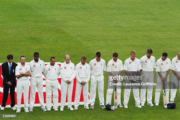 England team during the minutes silence for school girls Holly Wells and Jessica Chapman during the first day of the third Npower test match between...
