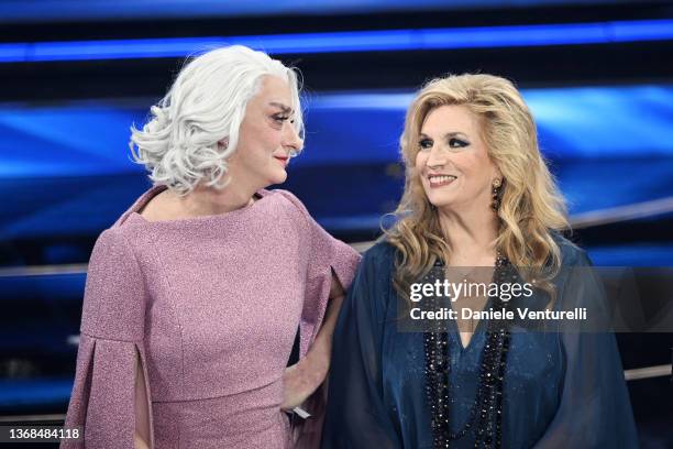 Drusilla Foer and Iva Zanicchi attend the 72nd Sanremo Music Festival 2022 at Teatro Ariston on February 03, 2022 in Sanremo, Italy.