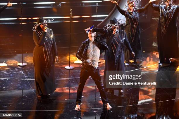 Achille Lauro and Harlem Gospel Choir attend the 72nd Sanremo Music Festival 2022 at Teatro Ariston on February 03, 2022 in Sanremo, Italy.