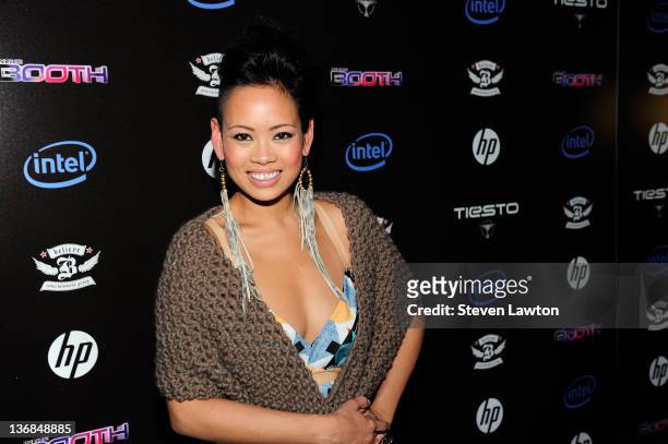 Television personality/ designer Anya Ayoung Chee arrives to celebrate the launch of "In The Booth" at XS nightclub on January 11, 2012 in Las Vegas,...