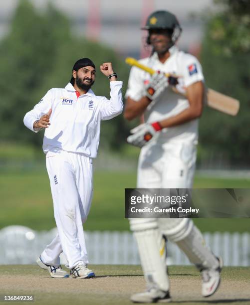 Monty Panesar of England celebrates dismissing Mohammad Talha of Pakistan Cricket Board XI during the tour match between England and Pakistan Cricket...