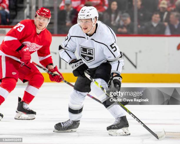 Jacob Moverare of the Los Angeles Kings follows the play against the Detroit Red Wings during the second period of an NHL game at Little Caesars...