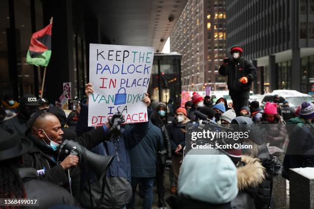 Demonstrators gather in front of the federal courthouse to protest the release from prison of former Chicago police officer Jason Van Dyke on...