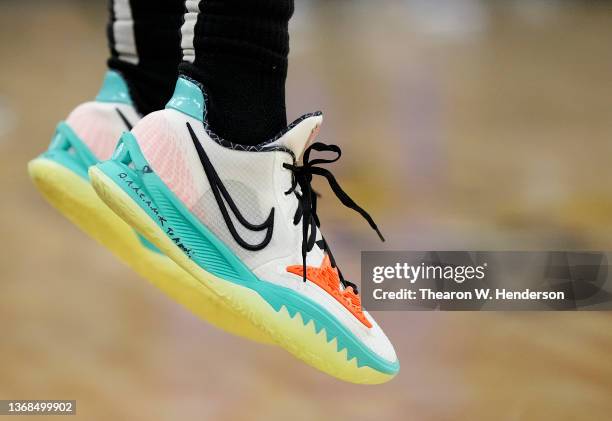 Detailed view of the Nike basketball shoes worn by Kyrie Irving of the Brooklyn Nets against the Sacramento Kings during the second half of their...