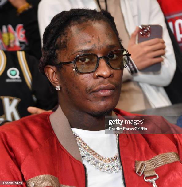 Rapper Young Thug attends the game between the Phoenix Suns and the Atlanta Hawks at State Farm Arena on February 03, 2022 in Atlanta, Georgia.