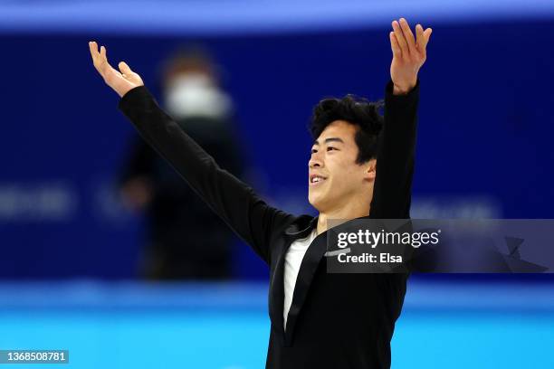 Nathan Chen of Team United States reacts in the Men's Single Skating Short Program Team Event during the Beijing 2022 Winter Olympic Games at Capital...