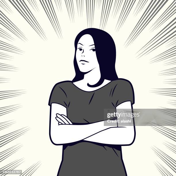 stockillustraties, clipart, cartoons en iconen met young woman in casual clothes with crossed arms, three quarter view face, comics effects lines background - three quarter front view