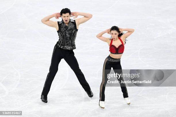 Shiyue Wang and Xinyu Liu of Team China skate in the Ice Dance Rhythm Dance Team Event during the Beijing 2022 Winter Olympic Games at Capital Indoor...