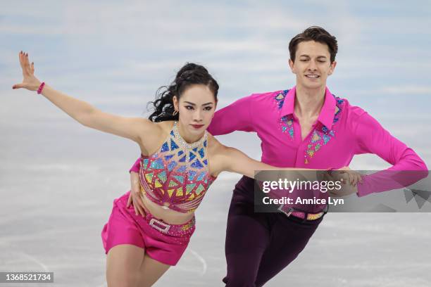 Misato Komatsubara and Tim Koleto of Team Japan compete in the Ice Dance Rhythm Dance during the Beijing 2022 Winter Olympics at Capital Indoor...