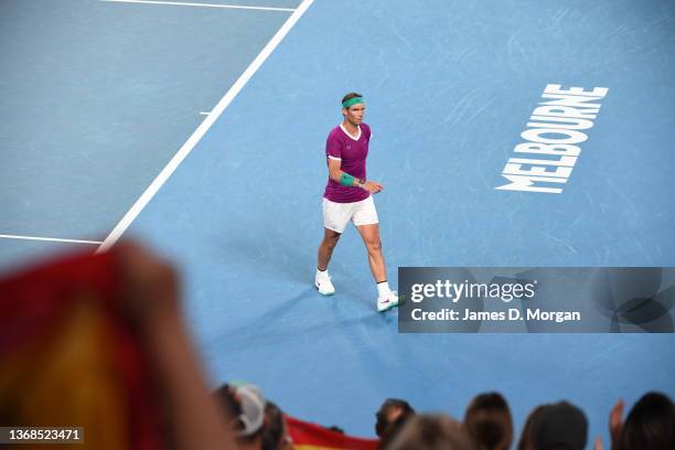 Rafael Nadal of Spain on court during in his Men’s Singles Final match against Daniil Medvedev of Russia during day 14 of the 2022 Australian Open at...