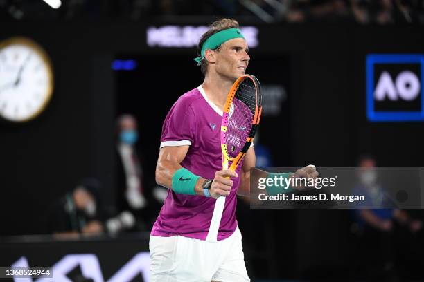 Rafael Nadal of Spain on court during in his Men’s Singles Final match against Daniil Medvedev of Russia during day 14 of the 2022 Australian Open at...