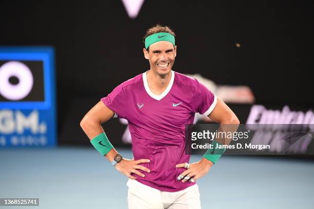 Rafael Nadal of Spain celebrates match point in his Men’s Singles Final match against Daniil Medvedev of Russia during day 14 of the 2022 Australian...