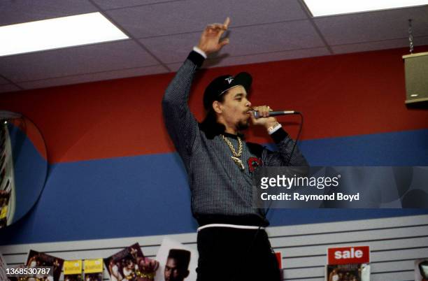 Rapper Ice-T performs at Sound Warehouse in Chicago, Illinois in November 1988.