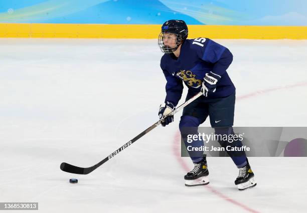 Minnamari Tuominen of Finland during the Women's Ice Hockey Preliminary Round Group A match between Team United States and Team Finland at Wukesong...