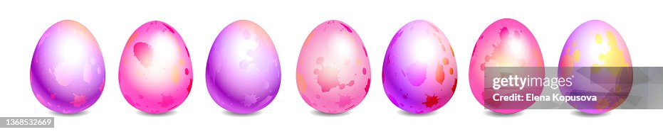 Multicolored Easter eggs with a pattern on an isolated white background. Festive spring set for holiday decorations. Graphic vector illustration in EPS 10 format. Multicolored Easter eggs with a pattern on an isolated white background. Festive spring set for holiday decorations. Graphic vector illustration in EPS 10 format.