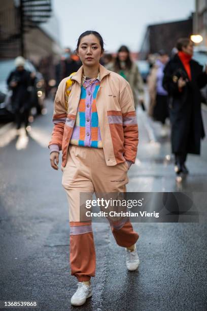 Betty Bachz seen wearing beige pants, jacket, bag outside Jade Cropper during Copenhagen Fashion Week Autumn/Winter 2022 on February 03, 2022 in...