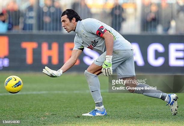 Gianluigi Buffon of Juventus in action during the Serie A match between US Lecce and Juventus FC at Stadio Via del Mare on January 8, 2012 in Lecce,...