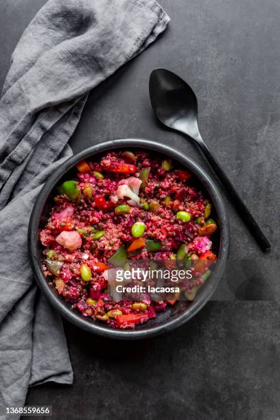 veggie bowl with quinoa, beetroot, edamame, cauliflower - quinoa salad stock pictures, royalty-free photos & images