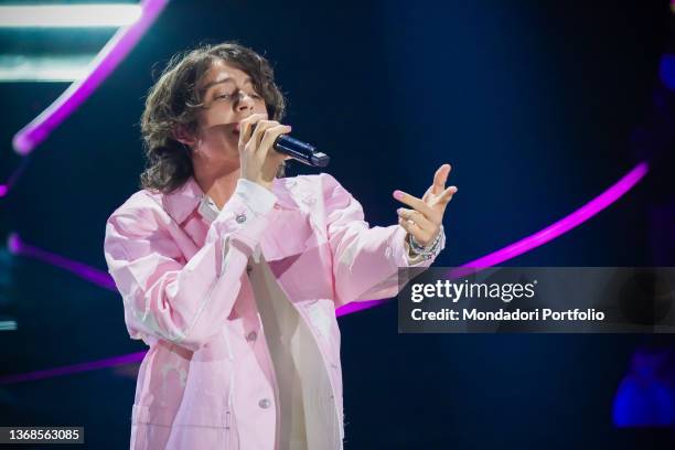 Italian singer Sangiovanni at 72 Sanremo Music Festival. Third evening. Diesel clothes. Sanremo , February 3rd, 2022