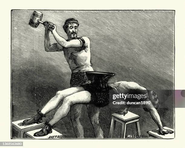 zirkus-strongman-act, mit hammer, um einen amboss auf den körper eines mannes zu schlagen, viktorianisches 19. jahrhundert - amboss stock-grafiken, -clipart, -cartoons und -symbole