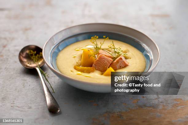 potato soup with salmon - dill stock-fotos und bilder