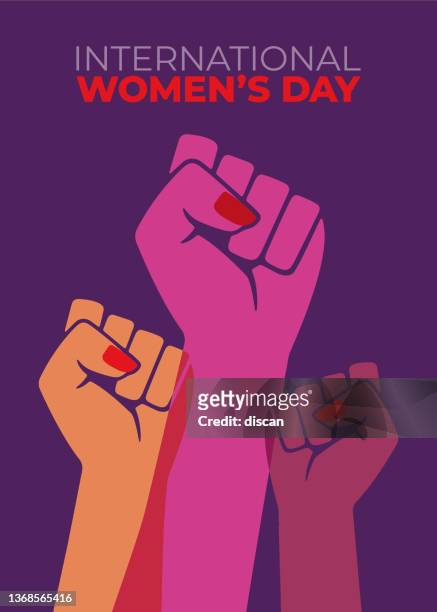 women's day card of women hands together. - red revolution stock illustrations