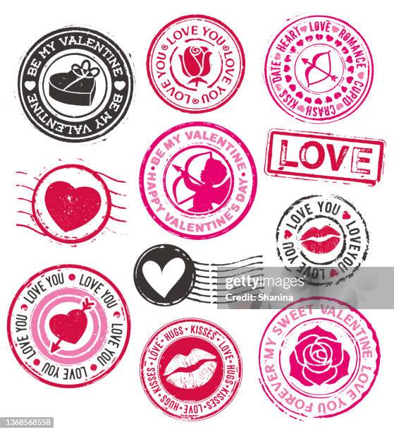 set of valentine's day rubber stamps - postage stamp stock illustrations