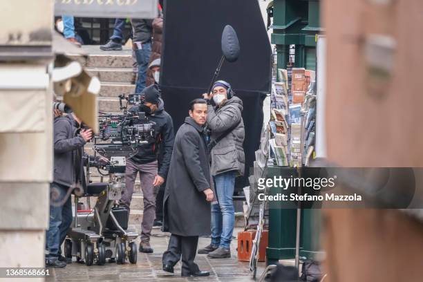 Irish actor Andrew Scott seen during the filming of the TV series "Ripley" on February 04, 2022 in Venice, Italy.