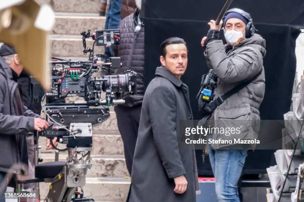 Irish actor Andrew Scott seen during the filming of the TV series "Ripley" on February 04, 2022 in Venice, Italy.