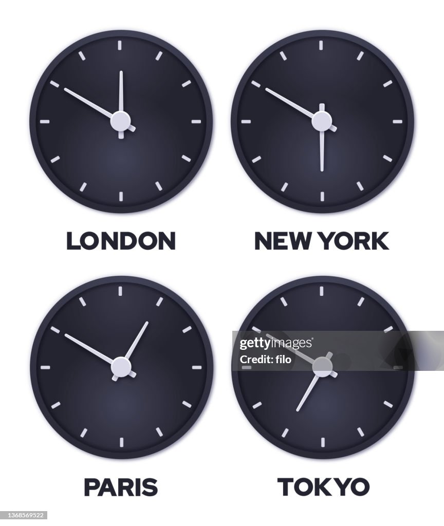 Black Clocks Showing Time in Major Cities