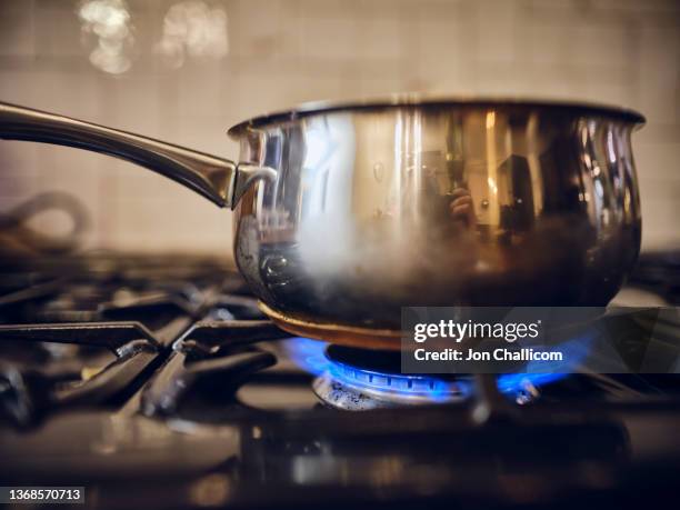 a gas ring burns on a home stove - gasbrander stockfoto's en -beelden