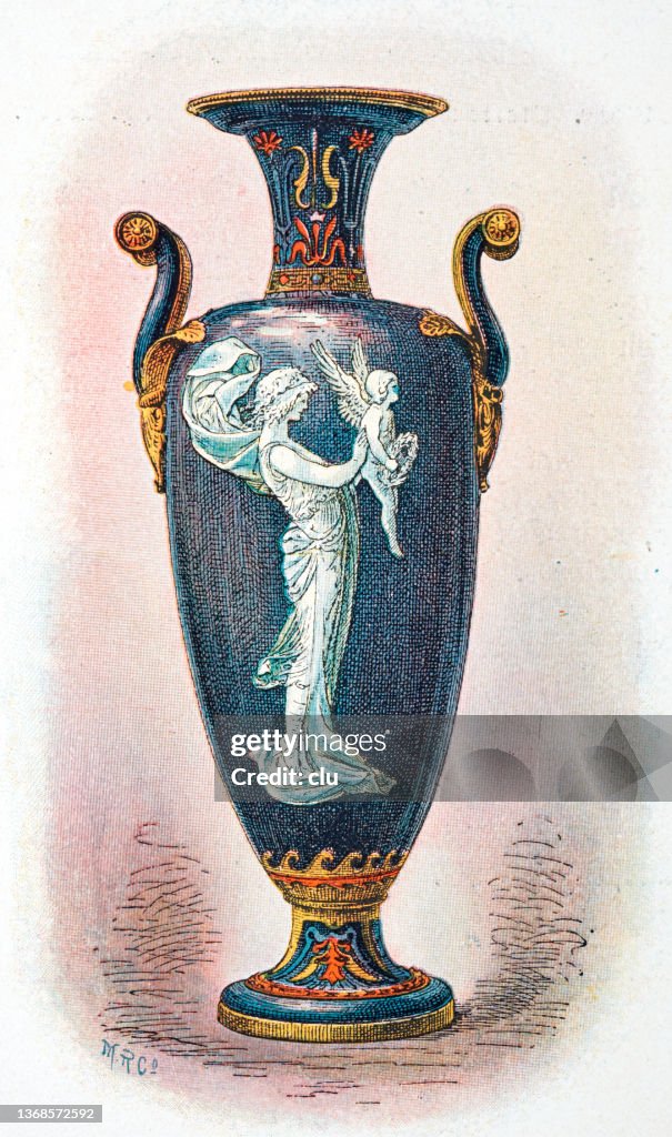 Vase with brush relief: young woman holds an angel, decorated by Marc-Louis Emanuel Solon
