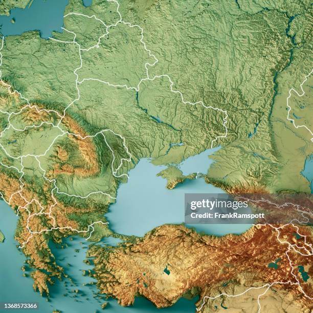 ukraine schwarzes meer 3d render topografische karte farbgrenze - physical geography stock-fotos und bilder