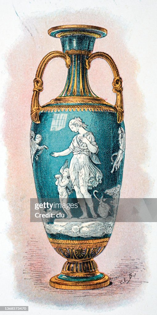 Vase with brush relief: young woman makes a request to the angels, decorated by Marc-Louis Emanuel Solon