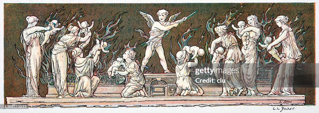 Plate with brush relief: angels distribute the babies, decorated by Marc-Louis Emanuel Solon