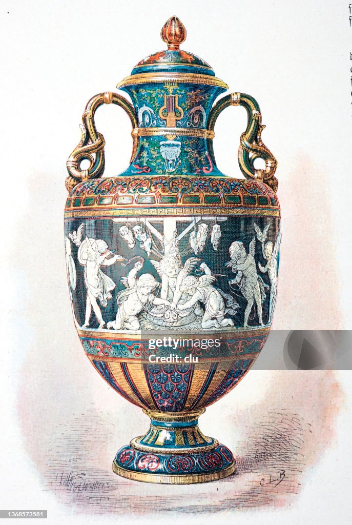 Vase with brush relief: Depicting the fight between the gods of love and the owls of Minerva, decorated by Marc-Louis Emanuel Solon