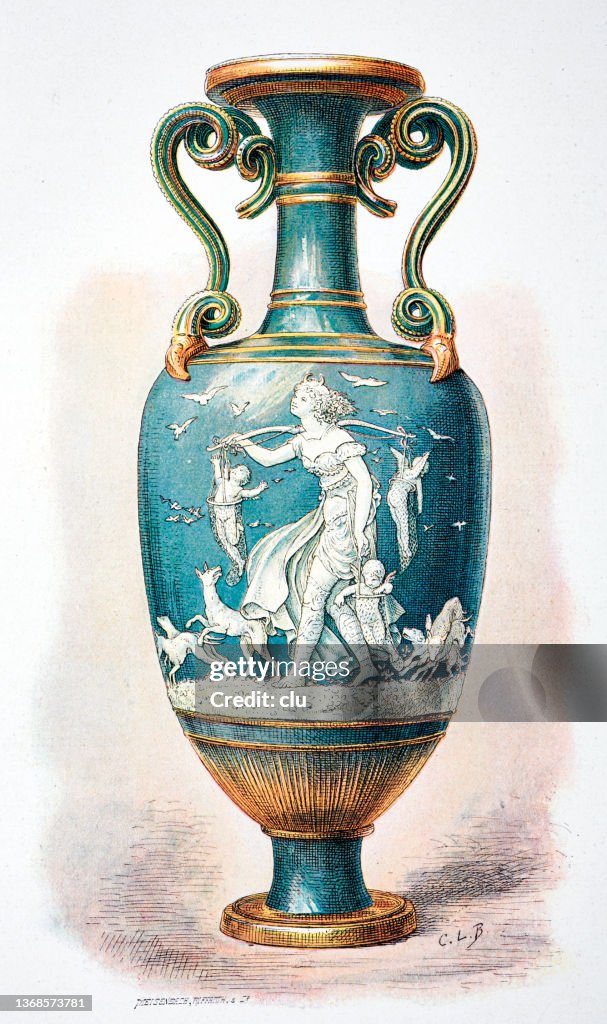 Vase with brush relief: young woman and angels return from the hunt, decorated by Marc-Louis Emanuel Solon