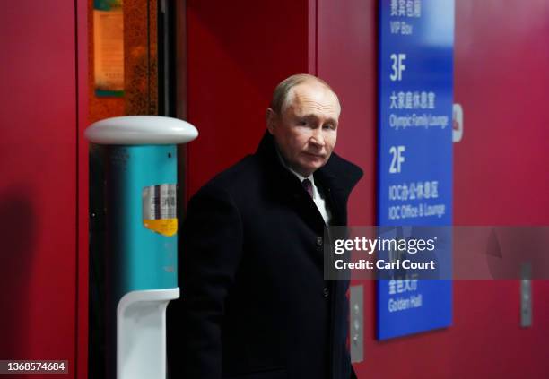 Vladimir Putin, President of Russia arrives during the Opening Ceremony of the Beijing 2022 Winter Olympics at the Beijing National Stadium on...