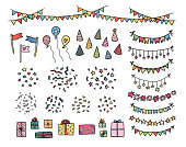 Birthday party decor elements. Colorful hand drawn doodle style flag garlands, balloons, present gift boxes, flags and birthday caps. Happy celebration, festive decoration vector illustration set.
